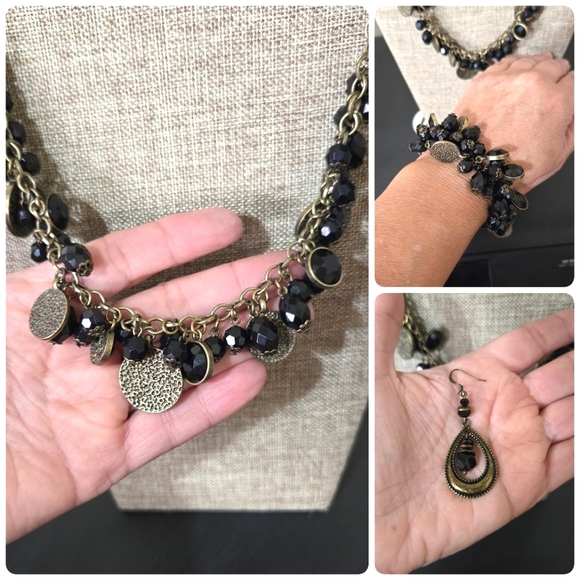 Premier Designs Black Crystal Necklace, Earrings, & Bracelet Ensemble - Picture 1 of 4